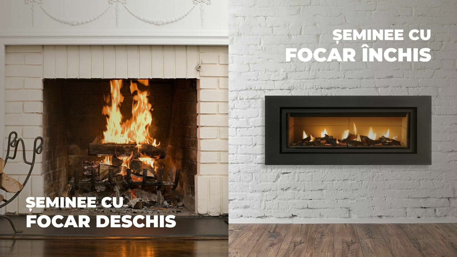 Imagine cu două șeminee: cu focar deschis și cu focar închis