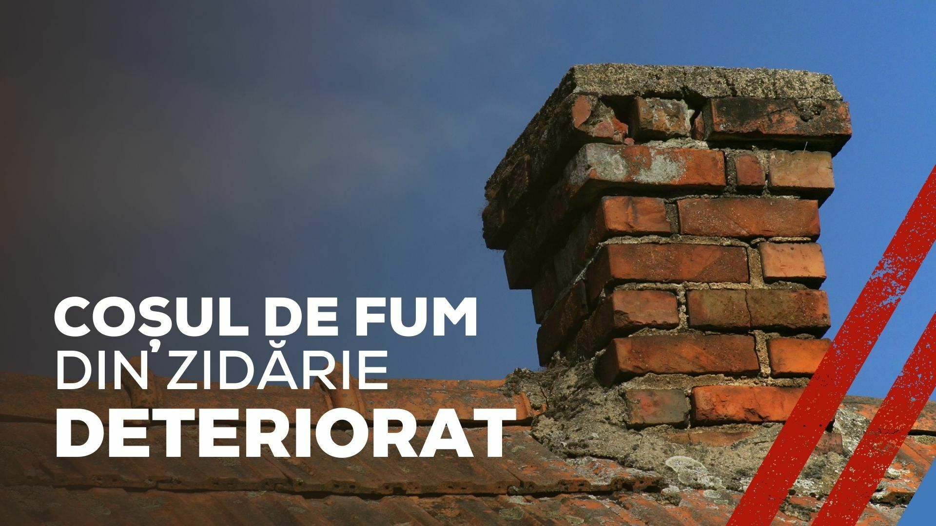 Imagine cu un coș de fum vechi și textul coș de fum din zidărie deteriorat