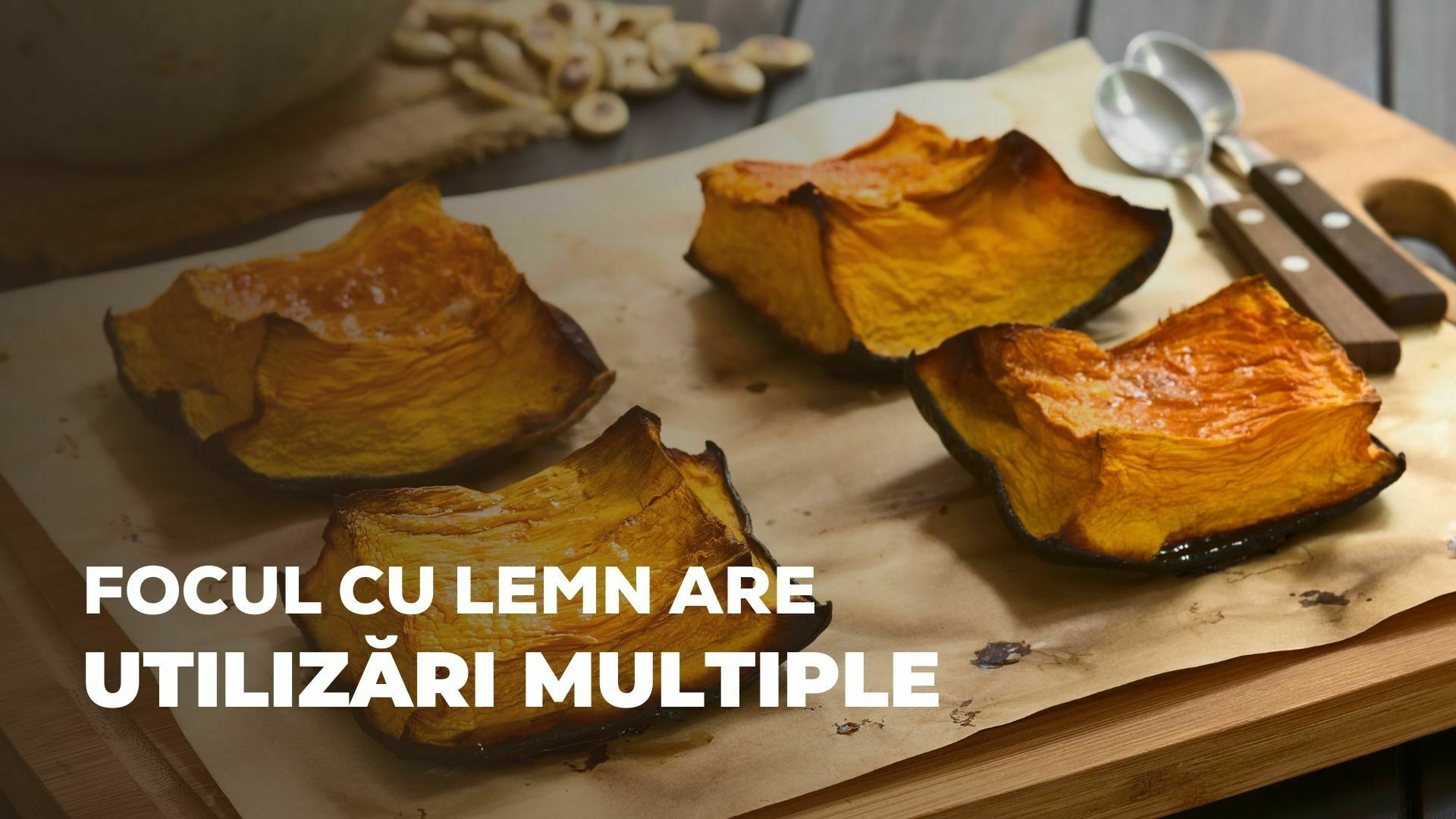 imagine cu dovleac copt și textul focul cu lemen are utilizări multiple