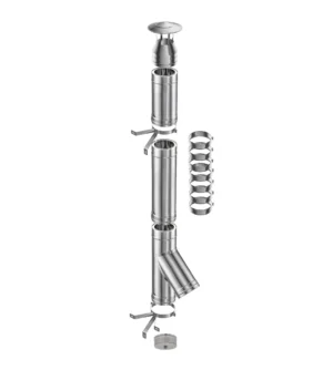 Practic INOX professzionális szigetelt duplafalú kéményrendszer – 8 m magas, Ø200 mm belső átmérő, 45°-os bekötés, függesztett kivitel
